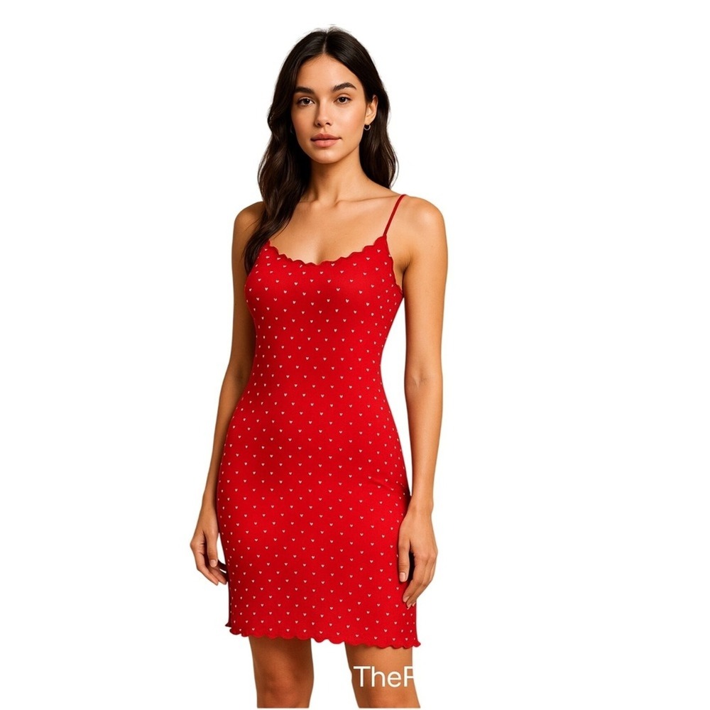 SHEIN Red White Heart Print Lettuce Hem Cami Mini Dress XS